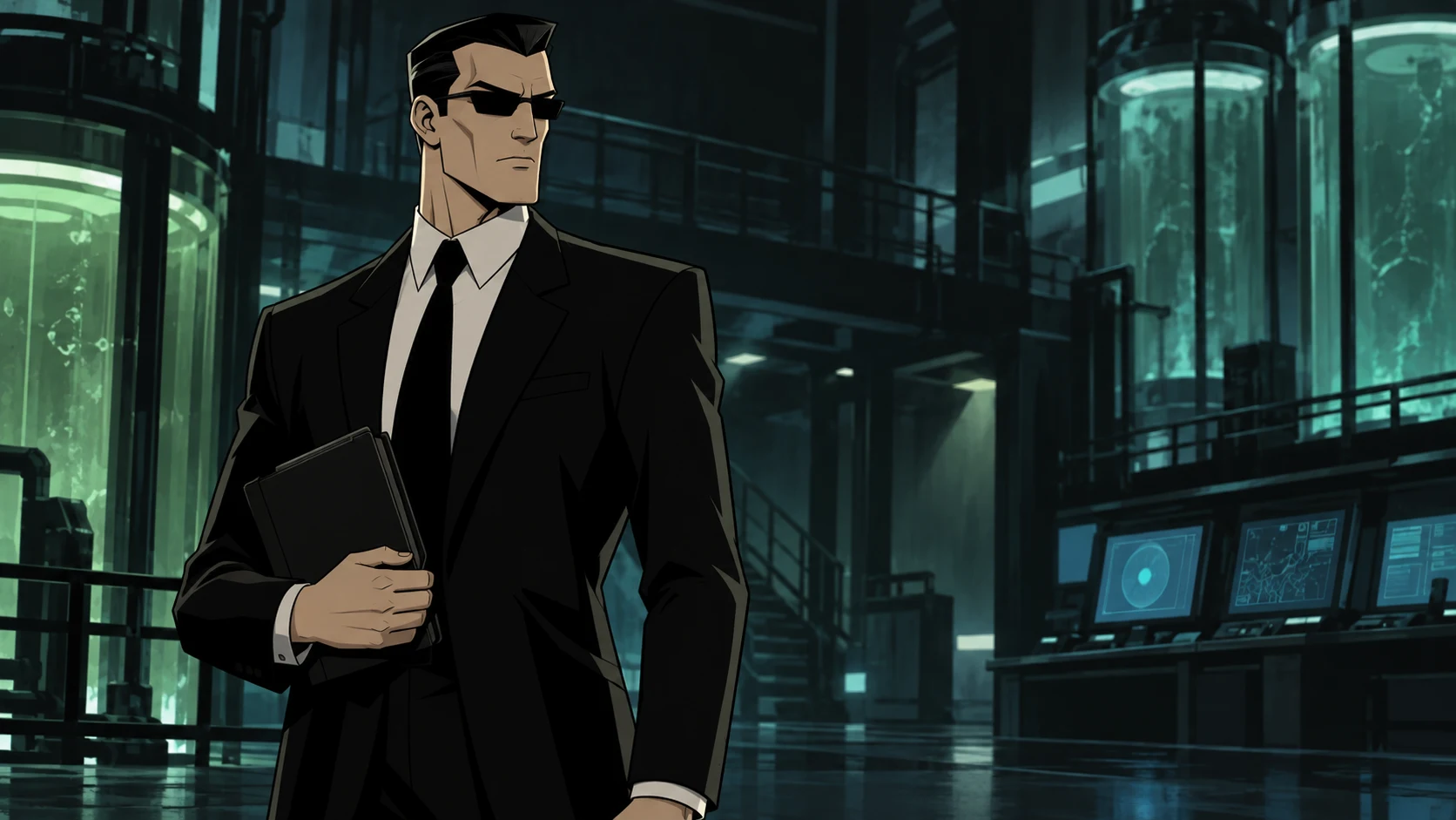 John Bishop, con traje negro y gafas oscuras, sostiene un expediente en un laboratorio.