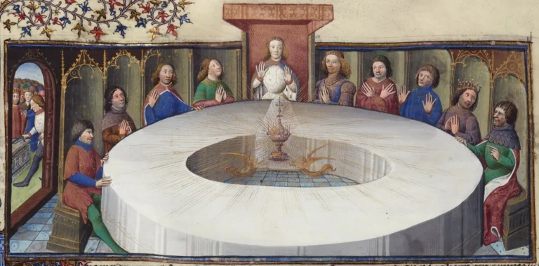 Los caballeros de Arturo reunidos ante una visión del Grial en un manuscrito medieval