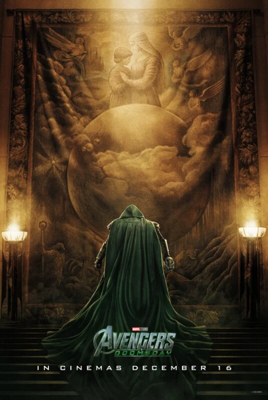 Póster oficial británico de Avengers: Doomsday con Doctor Doom de espaldas
