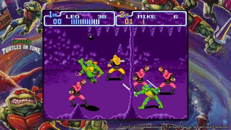 Leonardo y Michelangelo combaten en Turtles in Time de SNES, mostrado en Cowabunga Collection