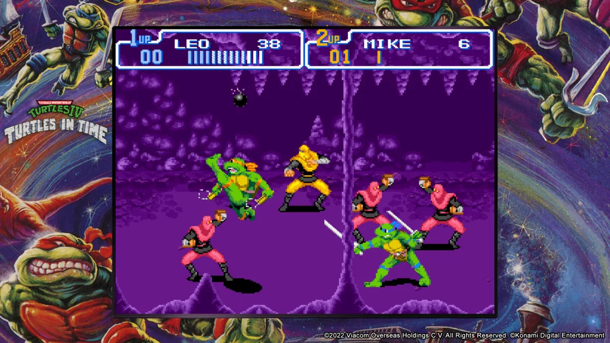 Leonardo y Michelangelo combaten en Turtles in Time de SNES, mostrado en Cowabunga Collection