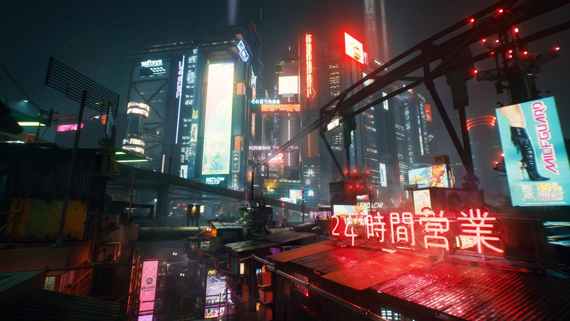 Vista panorámica de Night City en Cyberpunk 2077