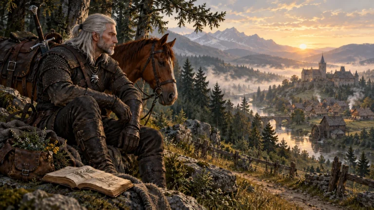 Geralt de Rivia junto a Sardinilla, con un libro y hierbas de su oficio de brujo.