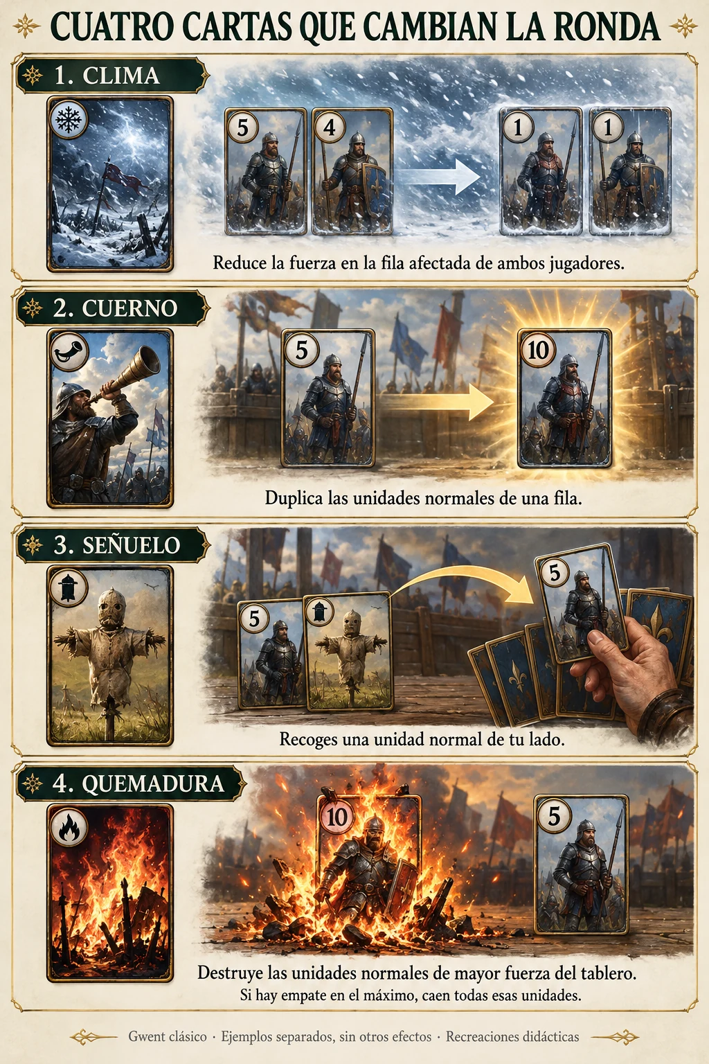 Cuatro efectos clásicos ilustrados con cartas: clima que reduce 5 y 4 a 1 y 1, cuerno que duplica 5 a 10, señuelo que recoge una unidad y Quemadura que destruye la mayor de fuerza 10.