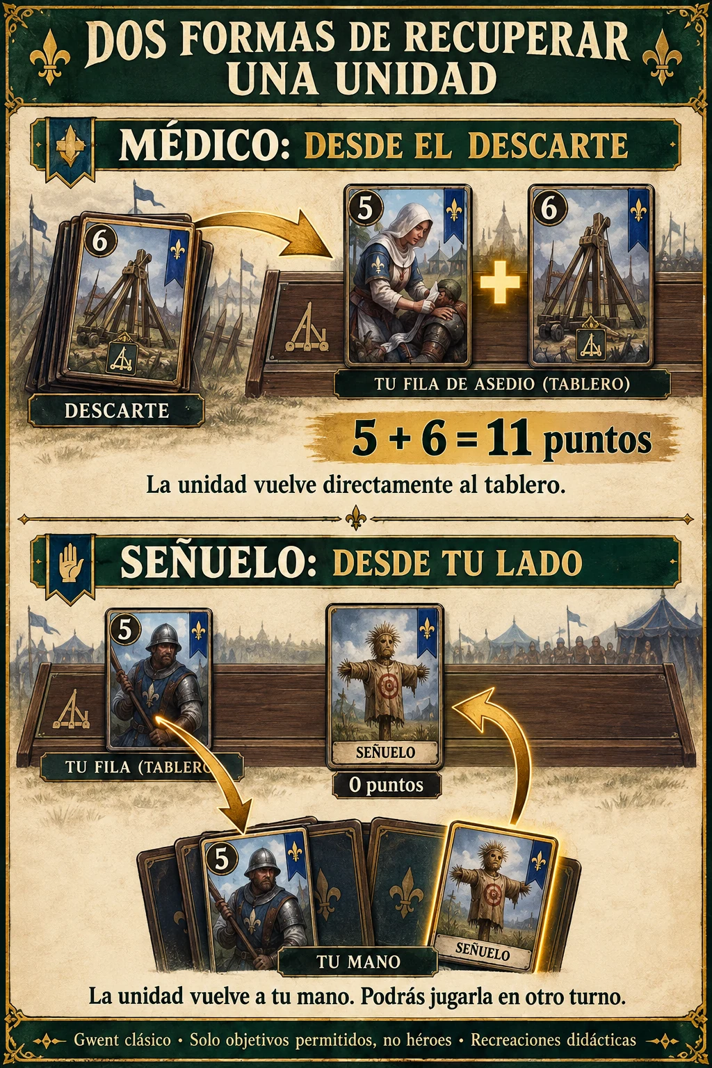 Arriba, un médico de 5 recupera un Fundíbulo de 6 desde el descarte y suma once. Abajo, un señuelo de cero sustituye una unidad de tu lado y esa unidad vuelve a tu mano.