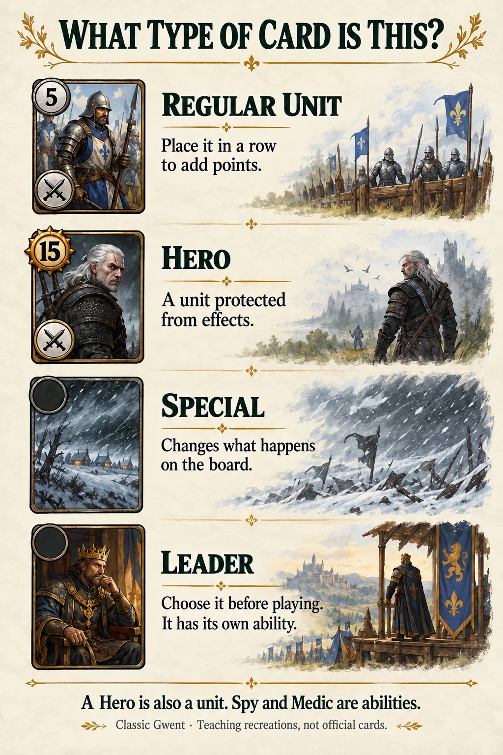 Illustrated comparison of a regular unit, a Hero, a special card, and a leader.