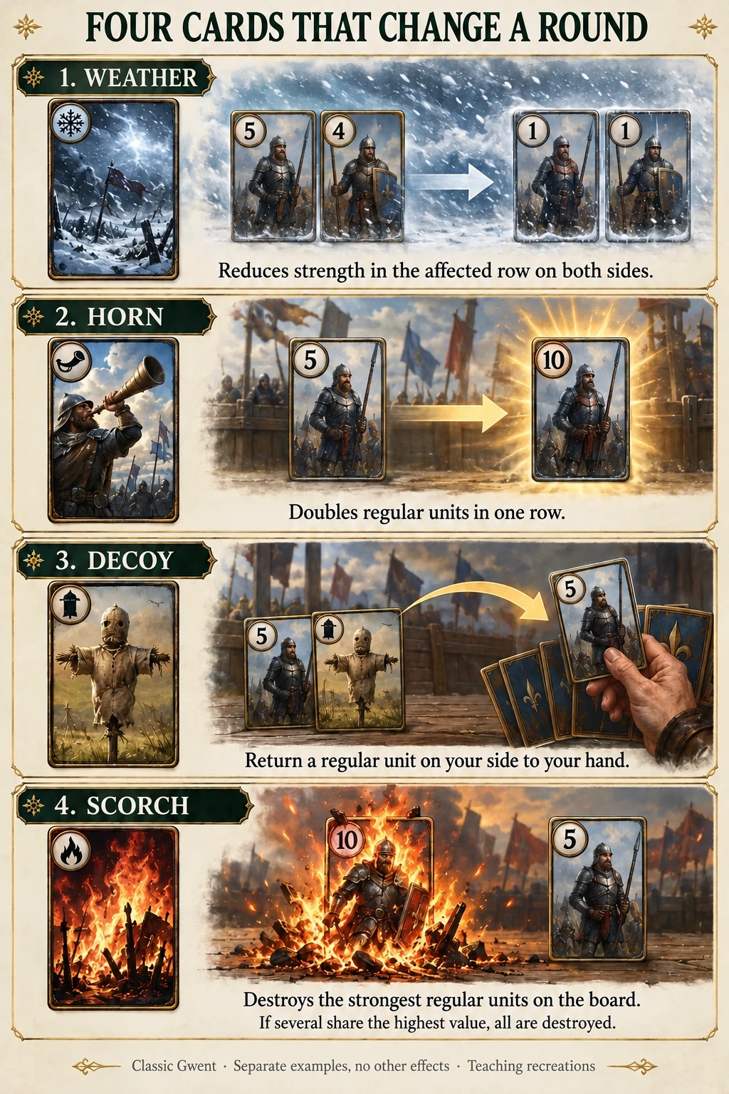 Illustrated examples of Weather, Horn, Decoy, and Scorch cards and their effects.