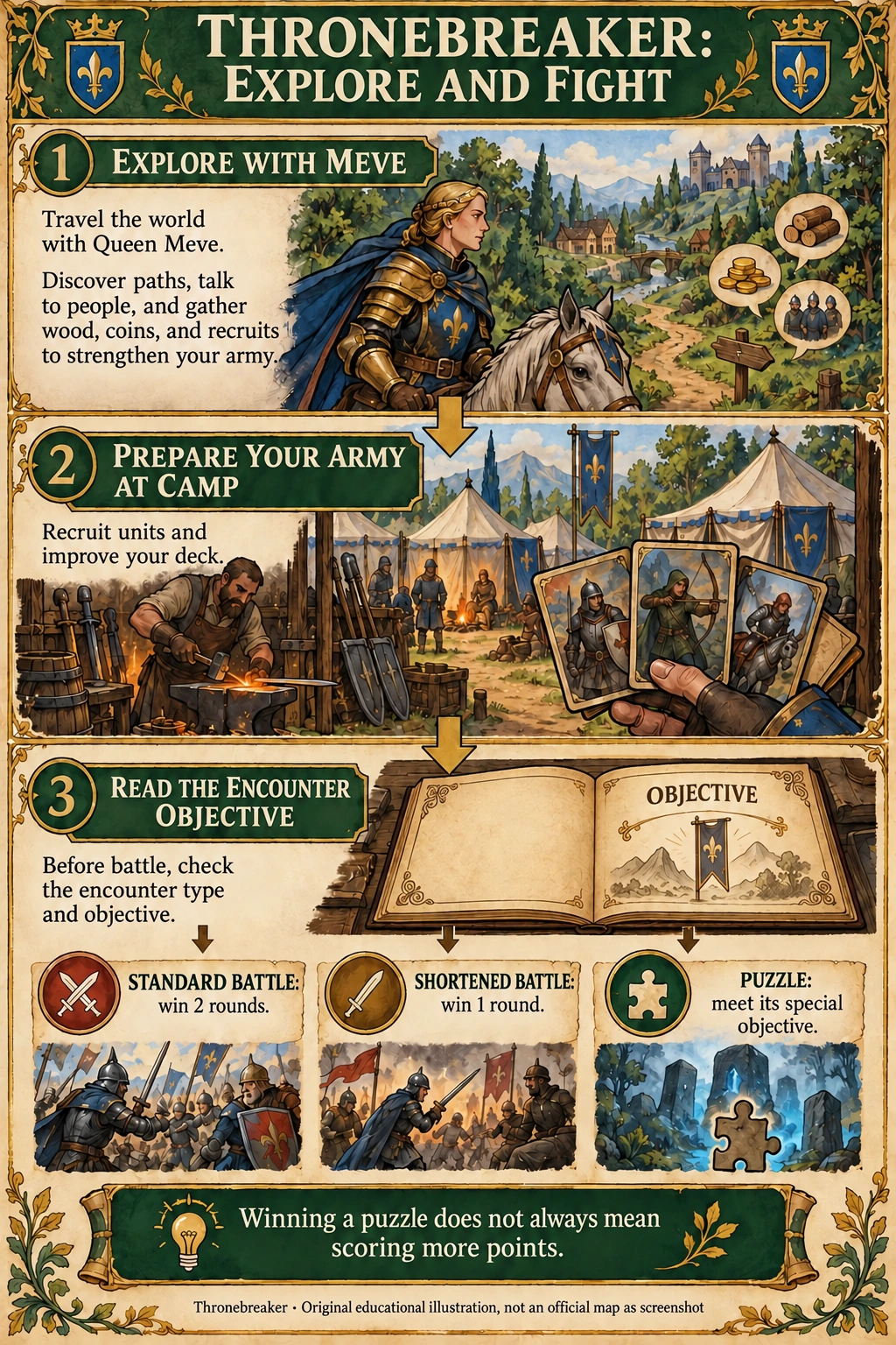 Thronebreaker illustrated gameplay loop showing Meve exploring, camp management, and battles with different objectives.