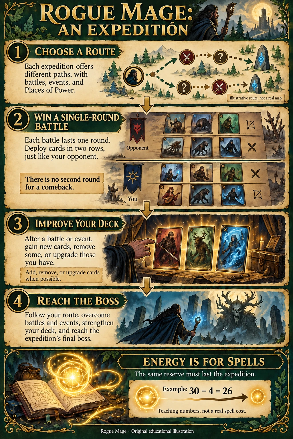 Rogue Mage expedition showing deck preparation, route choices, card battles, and energy use.