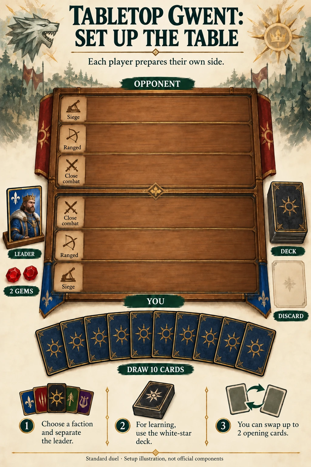 Illustrated tabletop Gwent setup showing the battlefield, decks, discard piles, gems, and starting hands.