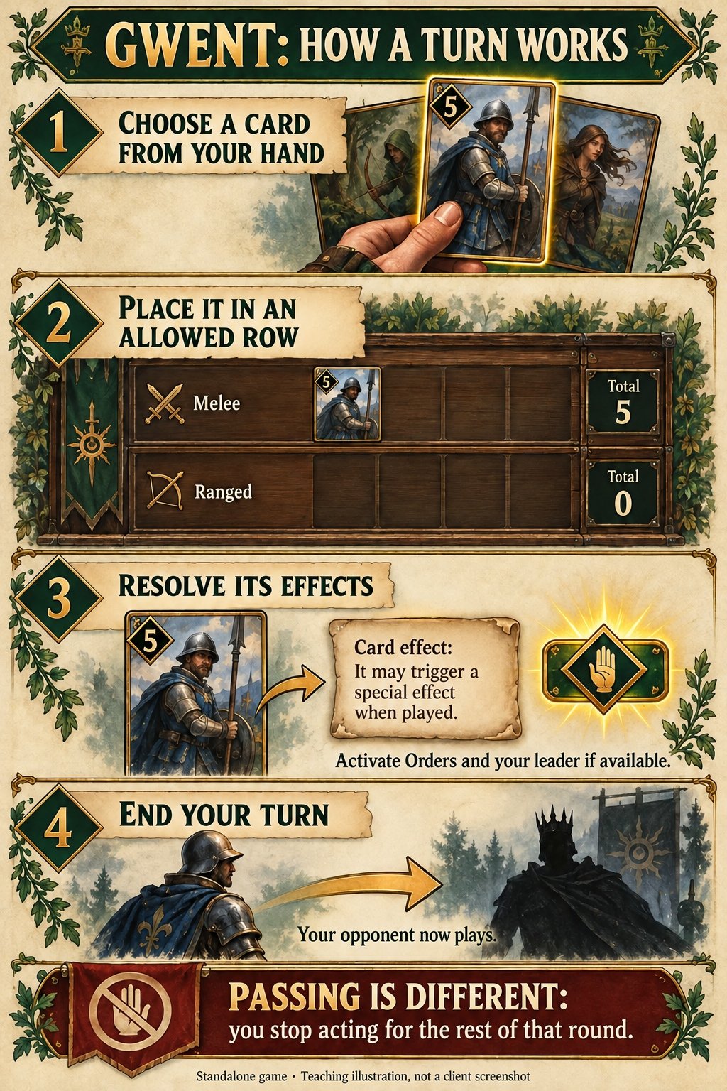 Illustrated four-step guide to a turn in standalone GWENT.