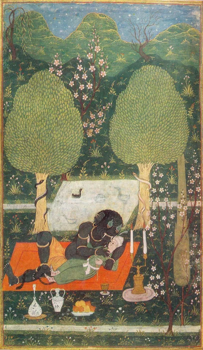 Makhan abrazado por un ifrit, ilustración de un manuscrito persa
