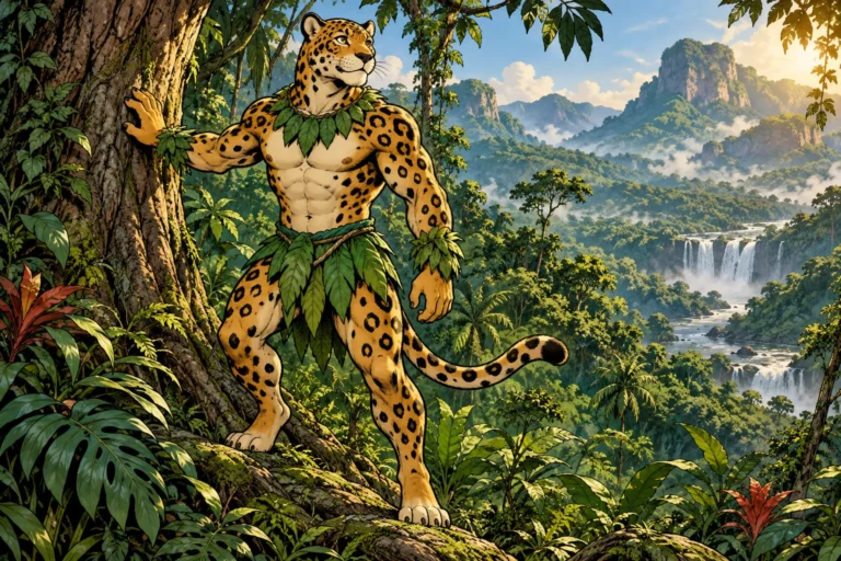 Archie’s Jagwar, a humanoid jaguar in green leaf clothing, standing beside a rainforest tree.