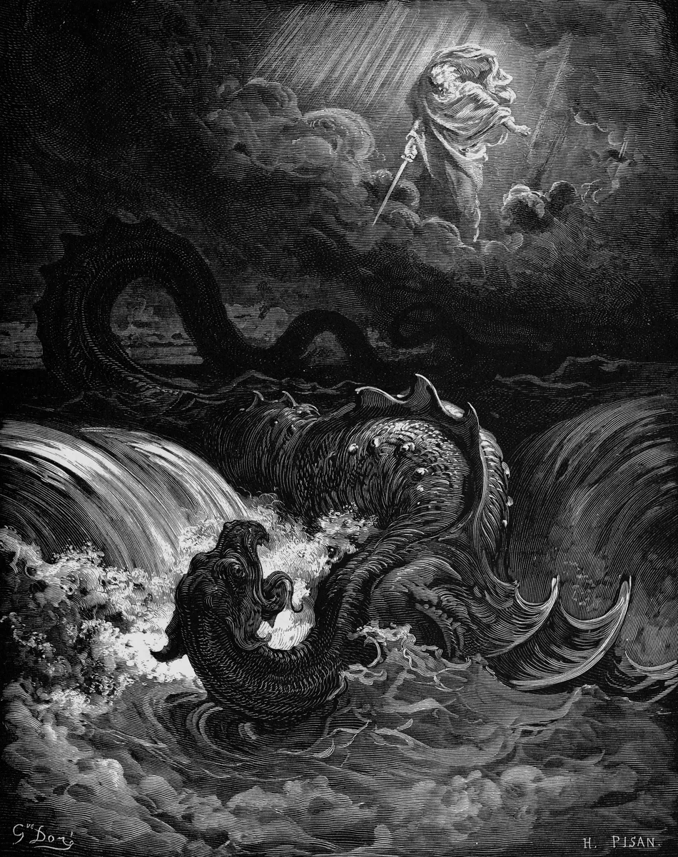Dios combate a Leviatán, grabado de Gustave Doré del siglo XIX