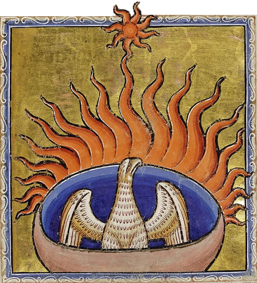 Fénix entre llamas en el Bestiario de Aberdeen