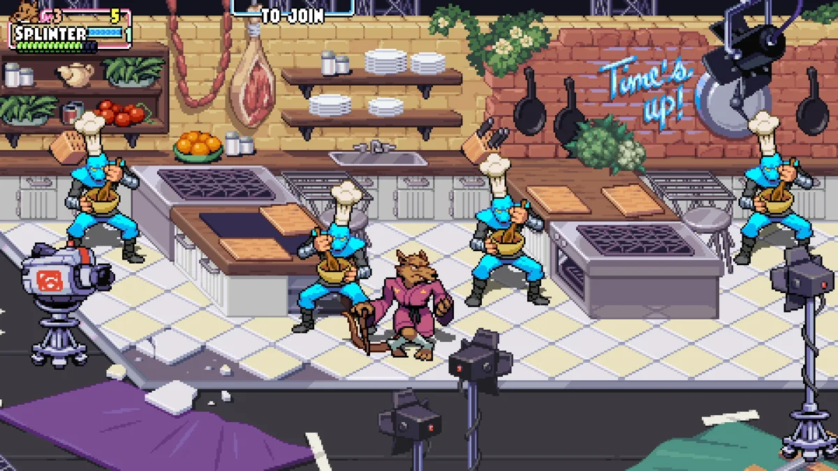 Splinter combate contra soldados del Clan del Pie en la cocina de Shredder’s Revenge