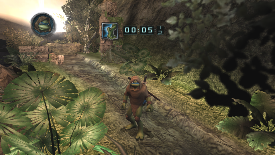 Leonardo explores a jungle in the 2007 TMNT game