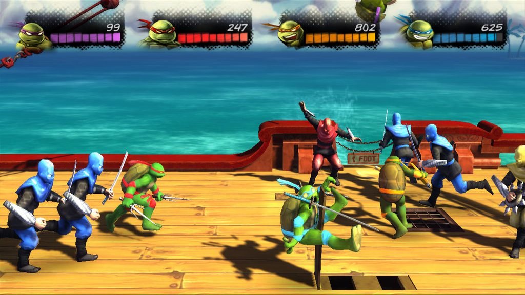 The four Turtles fight Foot Soldiers aboard a ship in Turtles in Time Re-Shelled