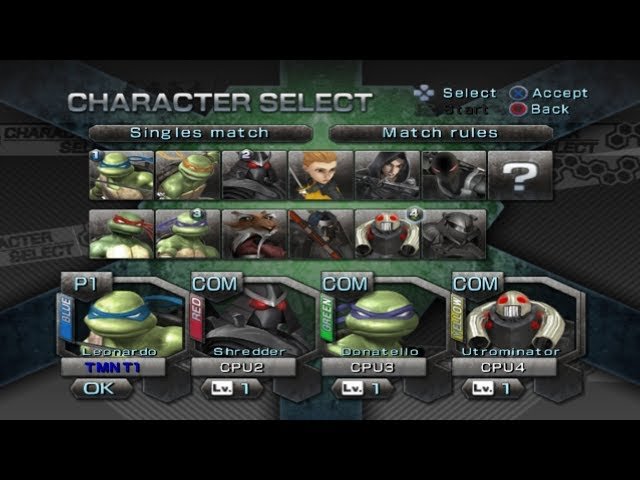TMNT: Smash-Up character selection with Leonardo, Shredder, Donatello, and Utrominator selected