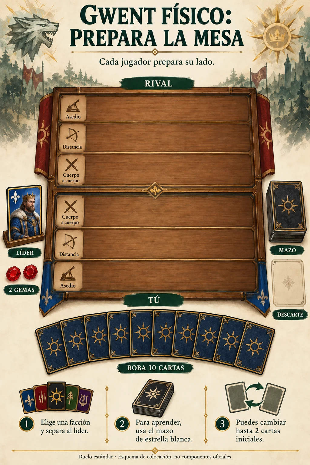 Preparación didáctica del Gwent físico: seis filas vacías, líder separado, dos gemas por jugador, mazo, descarte y mano inicial de diez cartas.