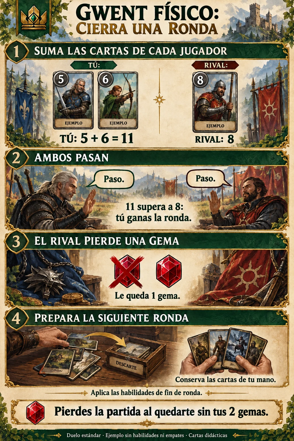 Ronda física didáctica: tus unidades de cinco y seis suman once, superan los ocho rivales al pasar ambos y el rival pierde una de sus dos gemas.