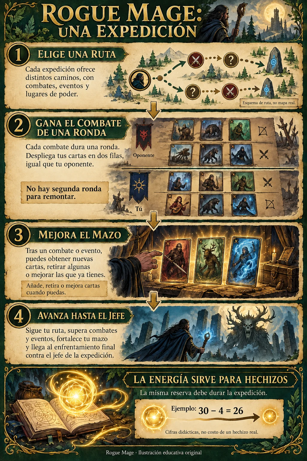 Ciclo de Rogue Mage: elegir una ruta, ganar un combate de una ronda, mejorar el mazo y avanzar al jefe; la energía se gasta en hechizos.