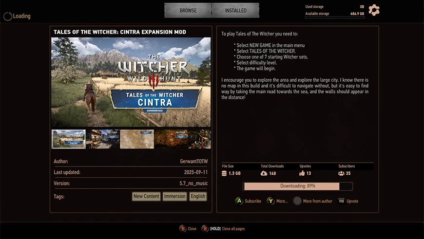 Ficha de un mod de The Witcher 3 con una barra de progreso de descarga