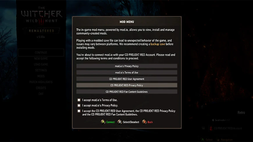 Pantalla del menú de mods con avisos y condiciones de conexión a mod.io